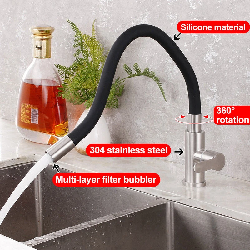 360° Rotatable 304 Stainless Steel Kitchen Silicone Tube Faucet Hot And Cold Brushed Universal Rotatable Vegetable Sink Faucet