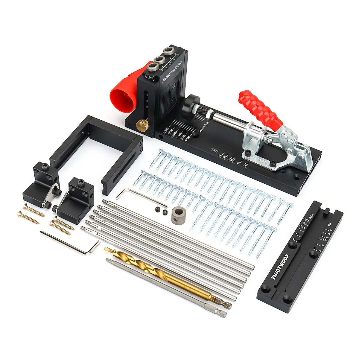 ENJOYWOOD XK4 PRO MAX Pocket Hole Jig Aluminum Alloy Adjustable Woodworking Drill Guide with Stabilizing Bar Stop Block