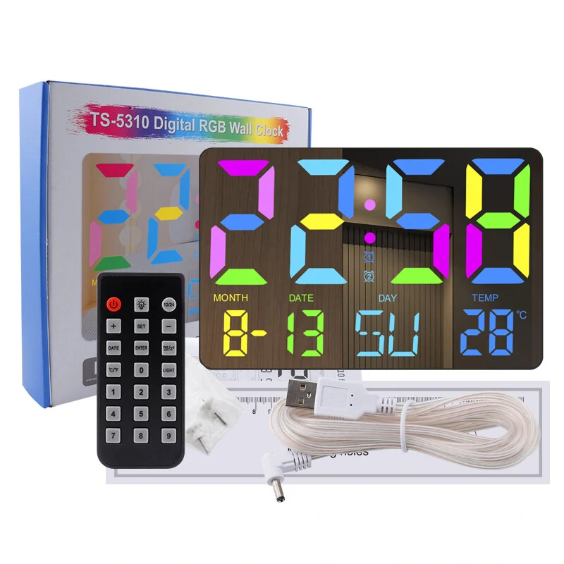 AGSIVO Large RGB Rainbow Digital Wall Clock Alarm Clock Large LED Display with Snooze / Remote Control / Automatic Brightness / Indoor Temperature / Date / Week / 12/24H For Home Office Classroom