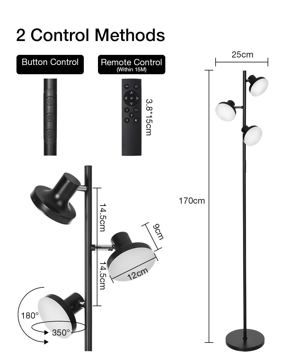 BlitzWill® BWL-FL3 36W 3-Head Floor Lamp 2500LM 2700~6500K Color Temperature 10-Level Brightness Dimmable Magnetic Remote & Touch Control