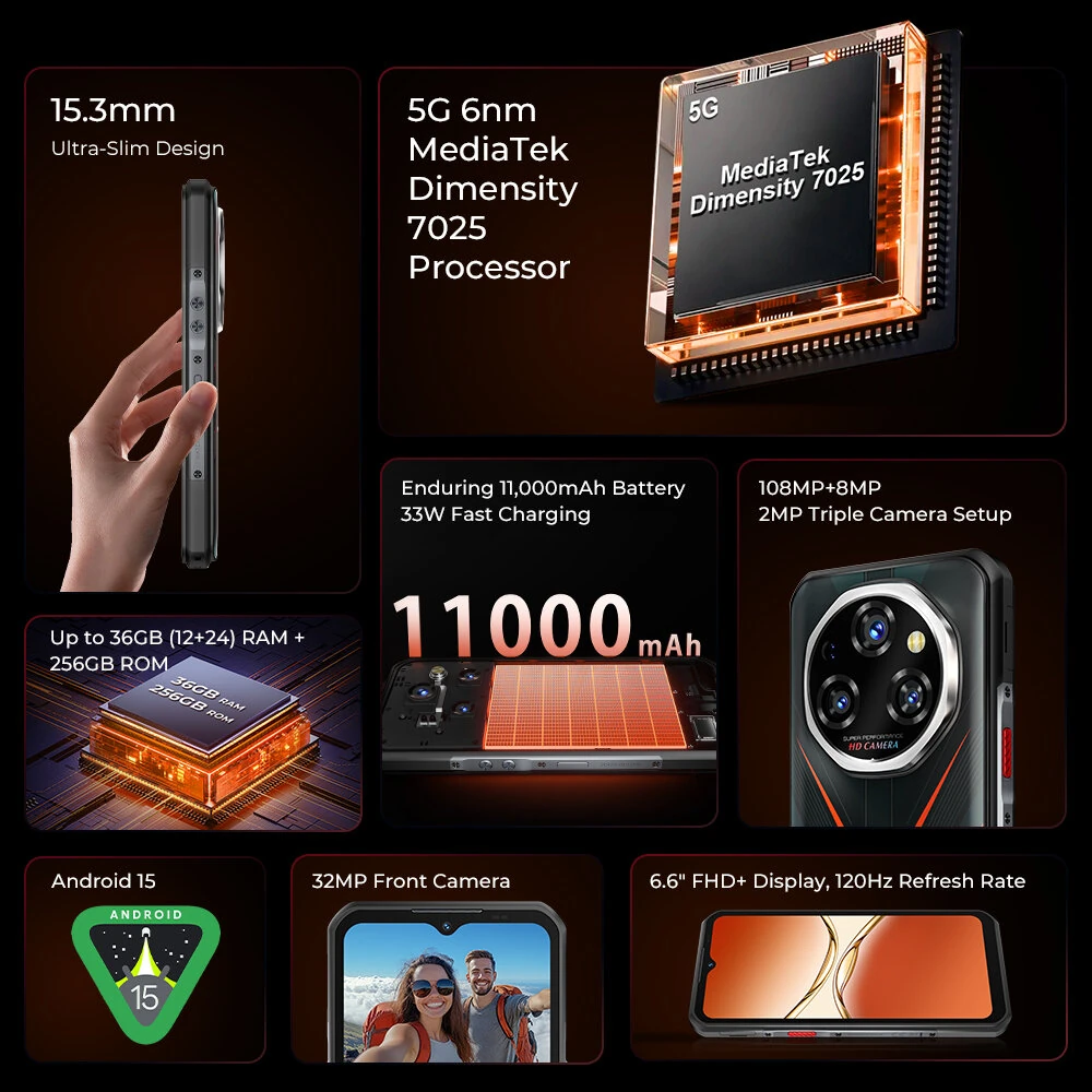 [EU Direct] Oukitel WP55 5G 108MP Triple Camera 36GB RAM 256GB ROM 6.6 inch 120Hz 11000mAh 33W Fast Charge Android 15 Dimensity 7025 NFC IP68 IP69K Waterproof Rugged Smartphone