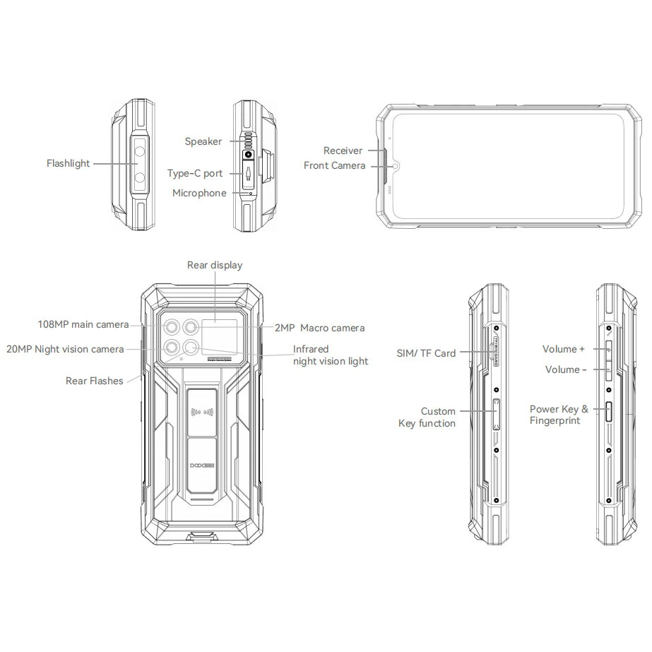 DOOGEE S200 Max 5G 1.3 inch Rear Display 36GB 512GB Dual Flashlights 108MP Triple Camera Night Vision Dimensity 7050 6.72 inch 120Hz 22000mAh 66W Fast Charge Android 15 NFC IP68 IP69K Waterproof Rugged Smartphone