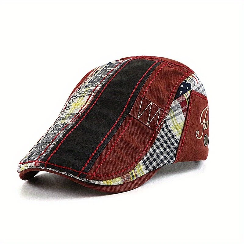 Collrown British Style Men's Beret Cap with Stitching Plaid Pattern Vintage Peaked Cap for Autumn Winter Mens Flat Hat Newsboy Cap