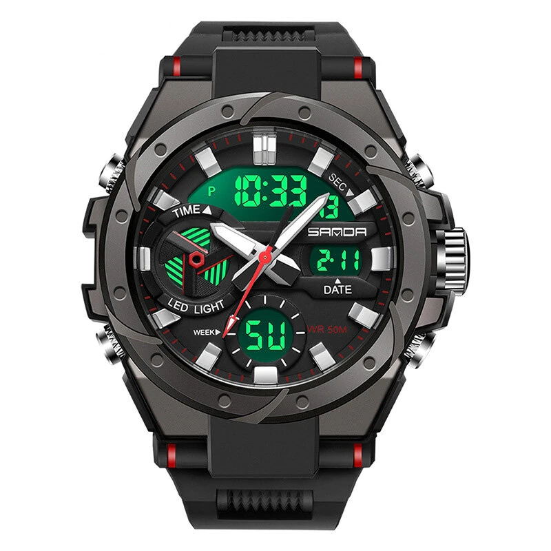 SANDA Men Quartz Watch Waterproof Sport Wristwatches Multifunctional Outdoor Luminous Electronic Watch - Dual Display, Calendar, Alarm Clock, Stopwatch