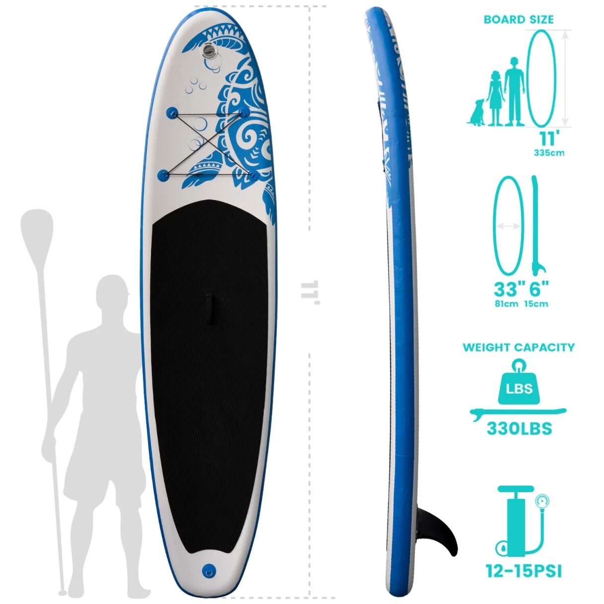 [EU Direct] Funwater 11'33'' 335cm Inflatable Stand Up Paddle Board with Adjustable Paddle Travel Backpack Leash Waterproof Bag Adult Paddle Board- SUPDS01A