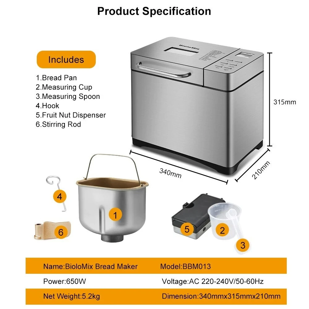 [EU Direct] Biolomix Stainless Steel 1KG 19-in-1 Automatic Bread Maker 650W Programmable Bread Machine with 3 Loaf Sizes Fruit Nut Dispenser