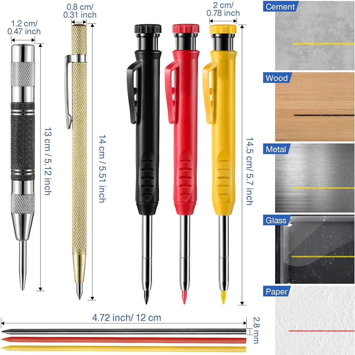 8 Pack Carpenter Pencil Set with Deep Hole Marker Built-in Sharpener and Carbide Scribe Marking Tool for Woodworking Marking Mechanical Pencils with Multi-Color Refills