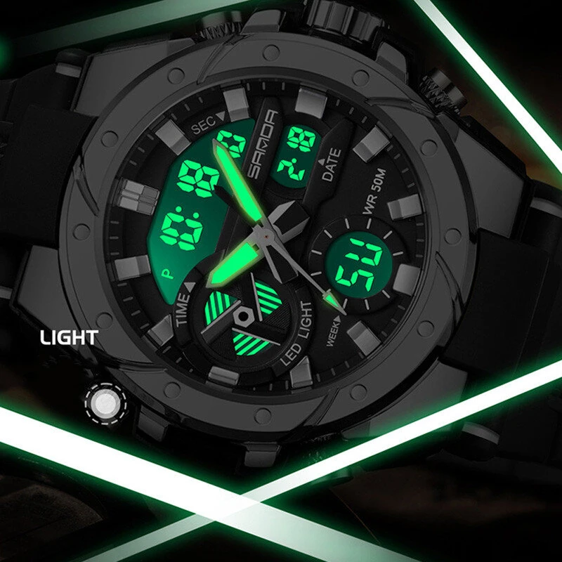 SANDA Men Quartz Watch Waterproof Sport Wristwatches Multifunctional Outdoor Luminous Electronic Watch - Dual Display, Calendar, Alarm Clock, Stopwatch