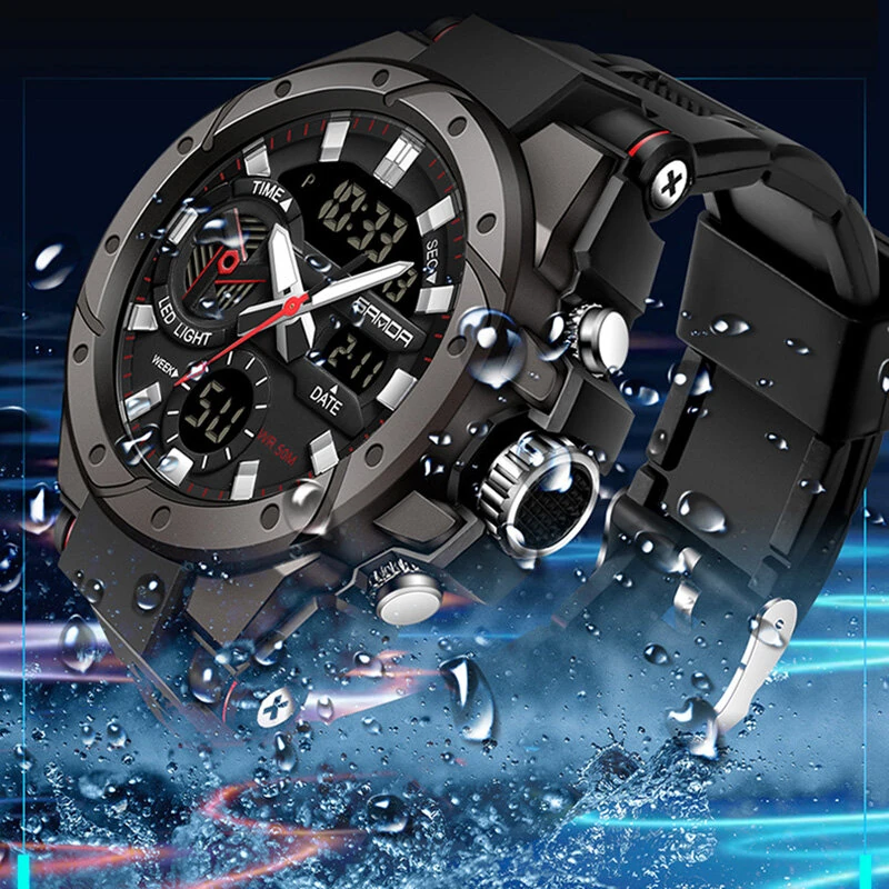 SANDA Men Quartz Watch Waterproof Sport Wristwatches Multifunctional Outdoor Luminous Electronic Watch - Dual Display, Calendar, Alarm Clock, Stopwatch