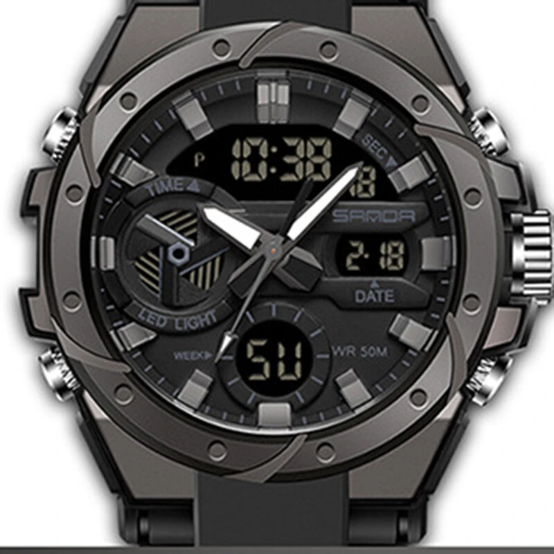 SANDA Men Quartz Watch Waterproof Sport Wristwatches Multifunctional Outdoor Luminous Electronic Watch - Dual Display, Calendar, Alarm Clock, Stopwatch