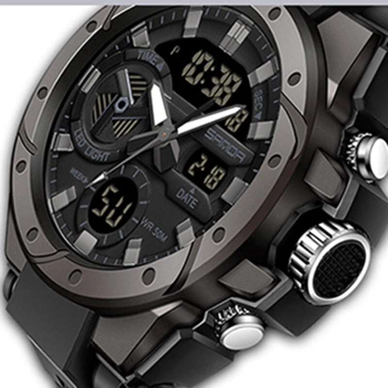 SANDA Men Quartz Watch Waterproof Sport Wristwatches Multifunctional Outdoor Luminous Electronic Watch - Dual Display, Calendar, Alarm Clock, Stopwatch