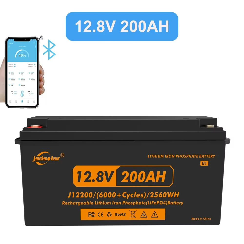 JSDSOLAR 12V 200Ah LiFePo4 Battery Pack With Bluetooth 8000+ Cycles Rechargeable Lithium Iron Phosphate Batteries For Boat RV