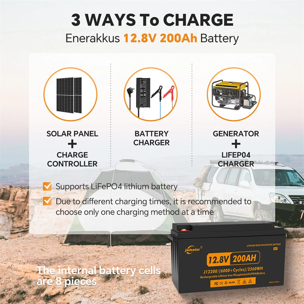 JSDSOLAR 12V 200Ah LiFePo4 Battery Pack With Bluetooth 8000+ Cycles Rechargeable Lithium Iron Phosphate Batteries For Boat RV