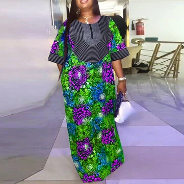 VONDA Womens Elegant Half Sleeve Noble Crew Neck Printed Maxi Dresses (Plus Size)