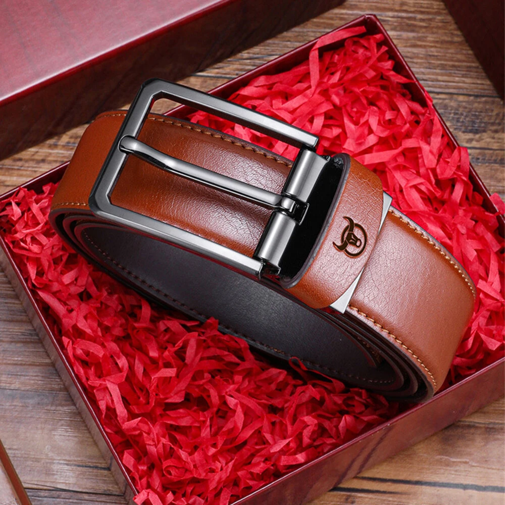 BULLCAPTAIN 130cm Genuine Leather Men's Fashionable Pinch-buckle Belt with Box as Valentine's Day Birthday Gift for Husband Father