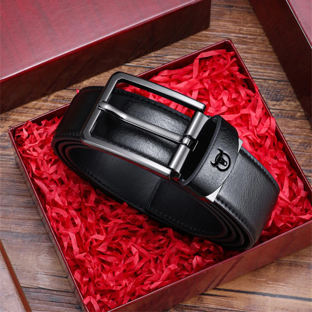 BULLCAPTAIN 130cm Genuine Leather Men's Fashionable Pinch-buckle Belt with Box as Valentine's Day Birthday Gift for Husband Father