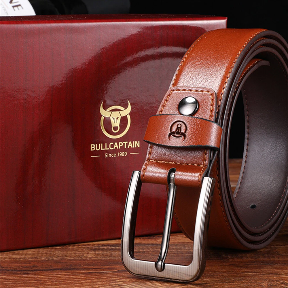 BULLCAPTAIN 130cm Genuine Leather Men's Fashionable Pinch-buckle Belt with Box as Valentine's Day Birthday Gift for Husband Father