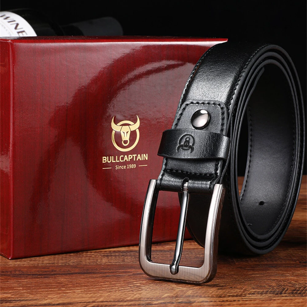BULLCAPTAIN 130cm Genuine Leather Men's Fashionable Pinch-buckle Belt with Box as Valentine's Day Birthday Gift for Husband Father