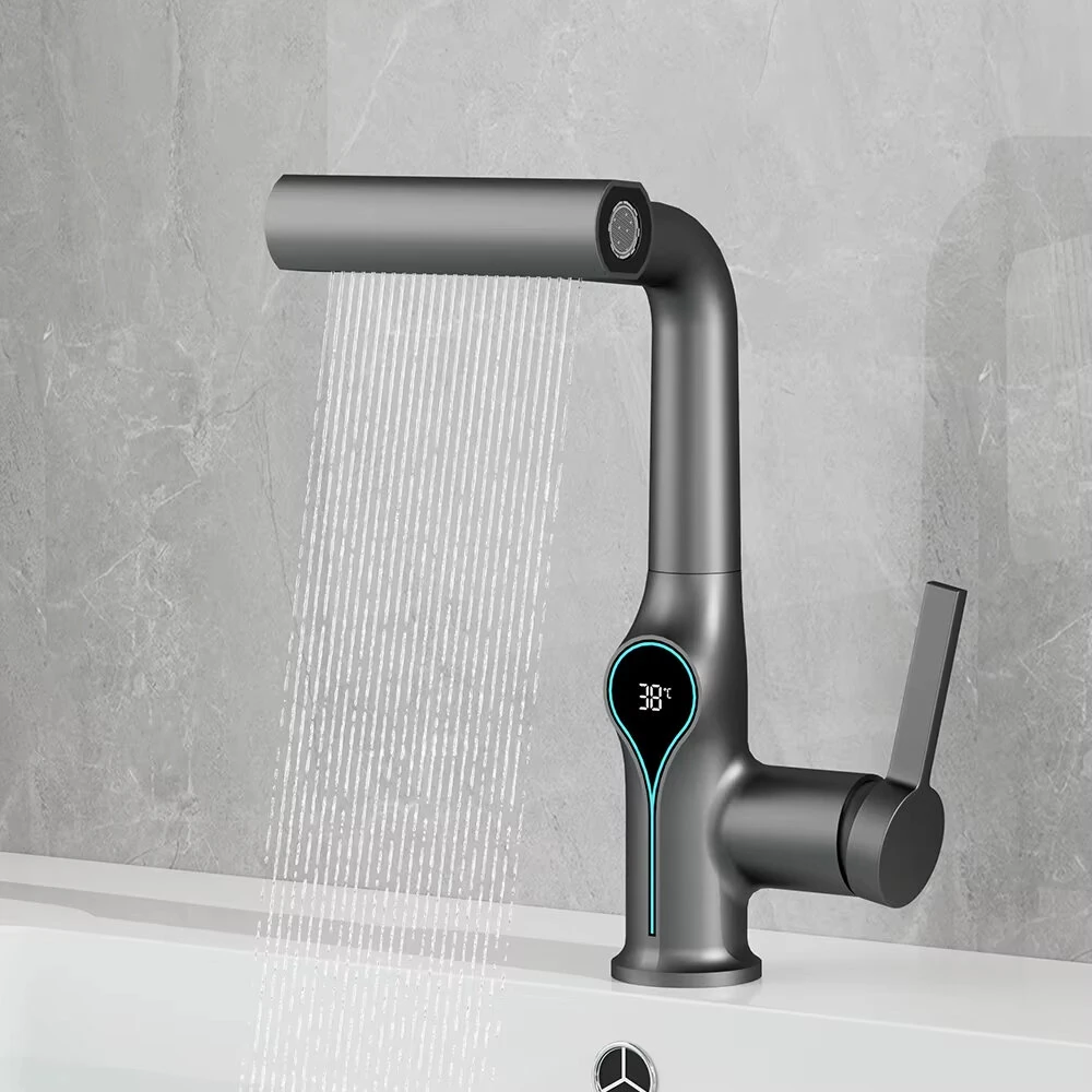 Waterfall Temperature Digital Display Basin Faucet Lift Up Down Stream Sprayer Hot Cold Water Sink Mixer Wash Tap For Bathroom Kitchen