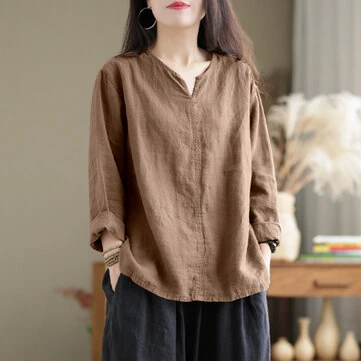 ZANZEA Vintage Women Cotton Blouse V Neck Long Sleeve Tops Retro Solid Loose Shirt Female Work Tunic Blusas Mujer