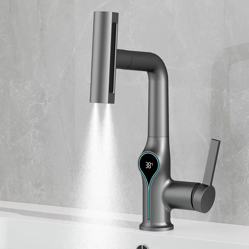 Waterfall Temperature Digital Display Basin Faucet Lift Up Down Stream Sprayer Hot Cold Water Sink Mixer Wash Tap For Bathroom Kitchen