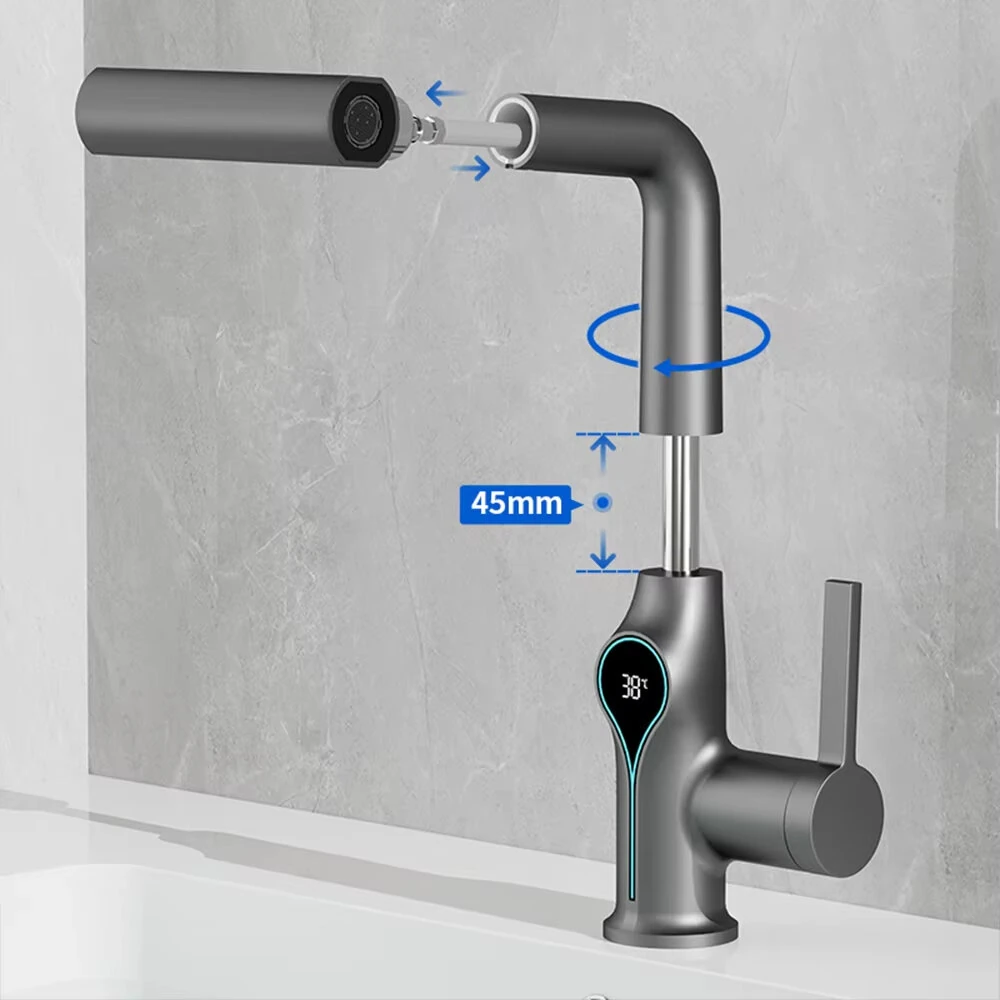 Waterfall Temperature Digital Display Basin Faucet Lift Up Down Stream Sprayer Hot Cold Water Sink Mixer Wash Tap For Bathroom Kitchen
