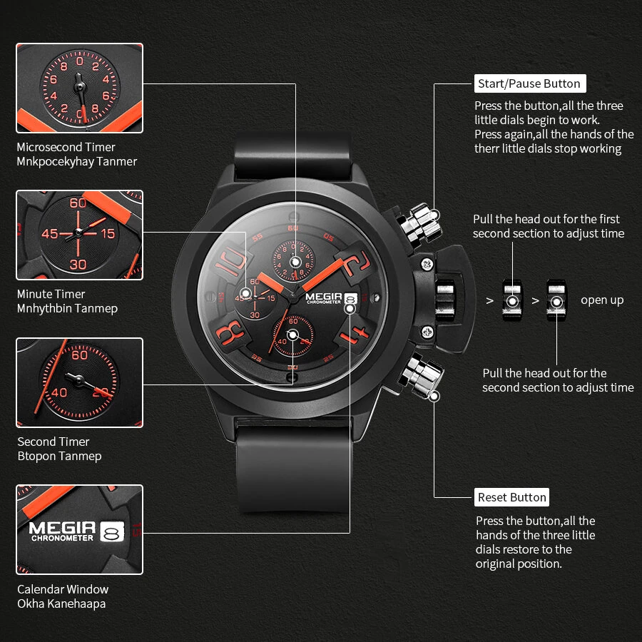 MEGIR Men Multi-functional Watch Sports Chronograph Wristwatch Waterproof Calendar Quartz Watch Comfortable Silicone Strap