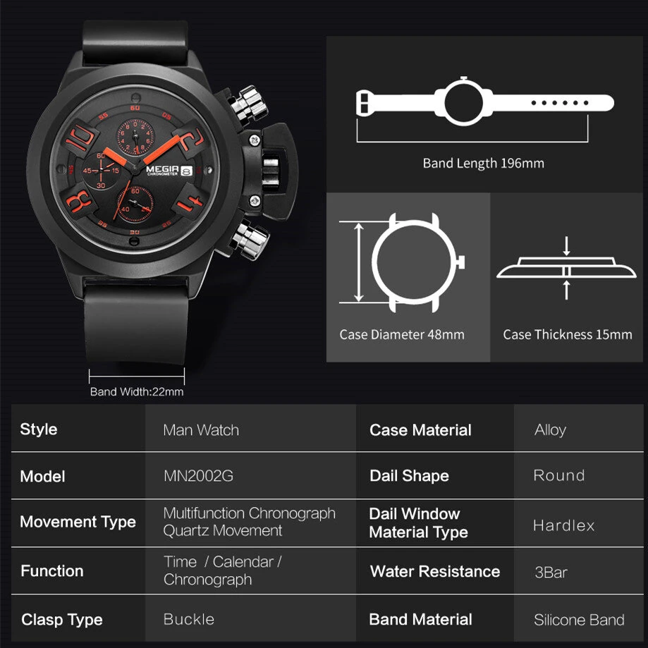 MEGIR Men Multi-functional Watch Sports Chronograph Wristwatch Waterproof Calendar Quartz Watch Comfortable Silicone Strap