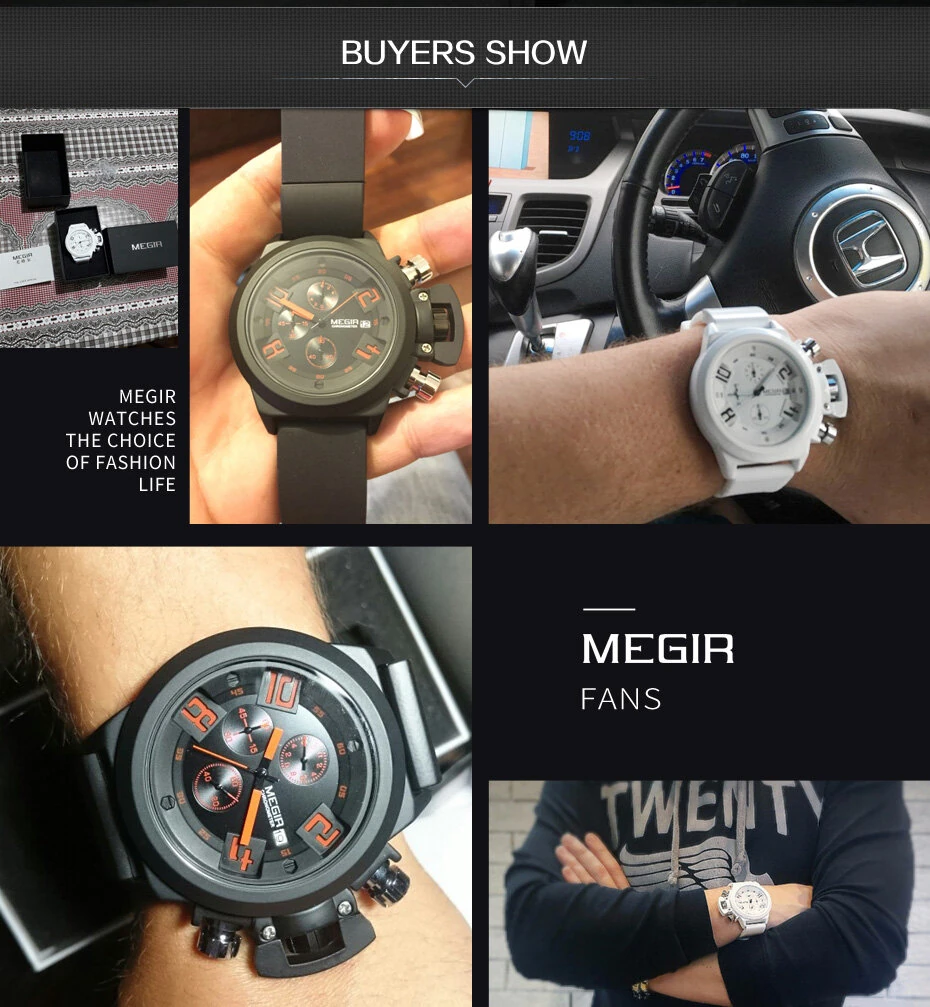 MEGIR Men Multi-functional Watch Sports Chronograph Wristwatch Waterproof Calendar Quartz Watch Comfortable Silicone Strap