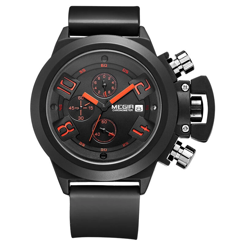 MEGIR Men Multi-functional Watch Sports Chronograph Wristwatch Waterproof Calendar Quartz Watch Comfortable Silicone Strap
