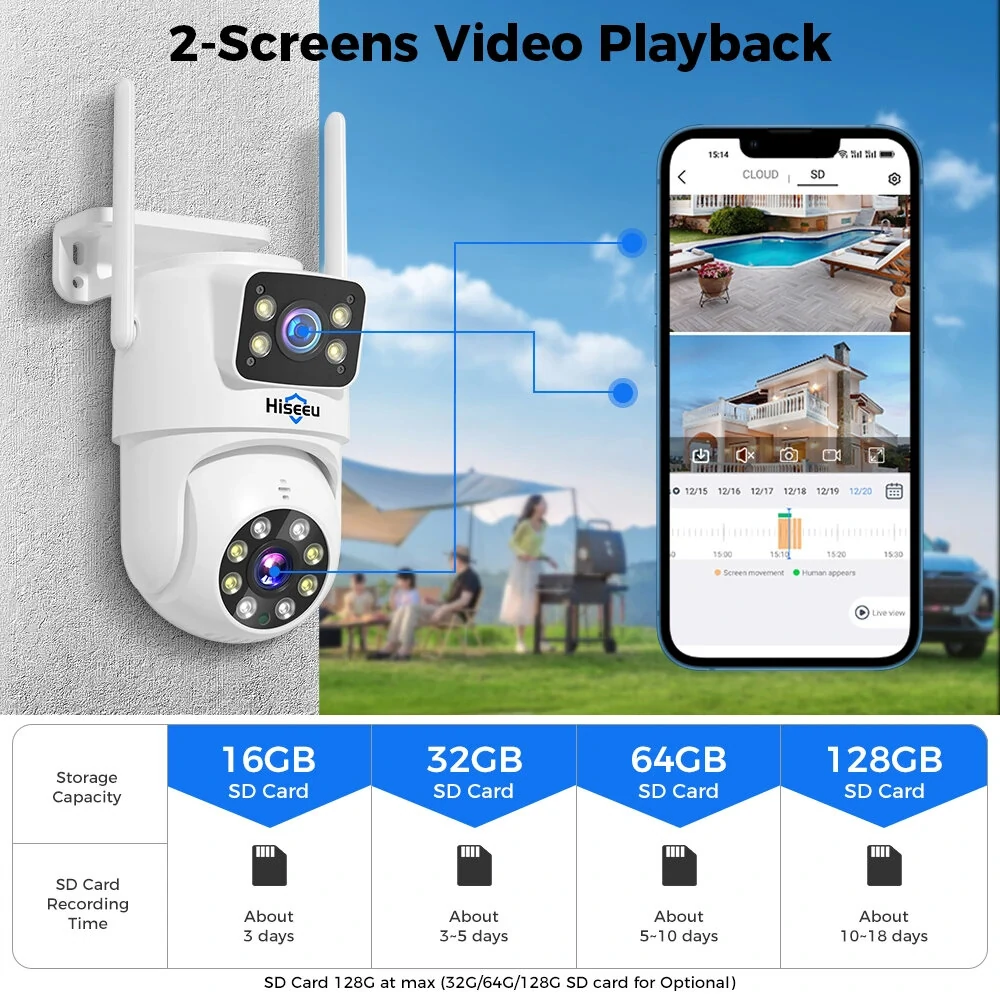 Hiseeu WK-4HS03 3K 6MP 5X Digital Zoom Dual Lens WiFi Camera with 10CH NVR Security Camera System Kit Full Color Night Vision Human Detection APP Remote Viewing P2P Video CCTV Surveillance Outdoor Camera System IP66 Waterproof