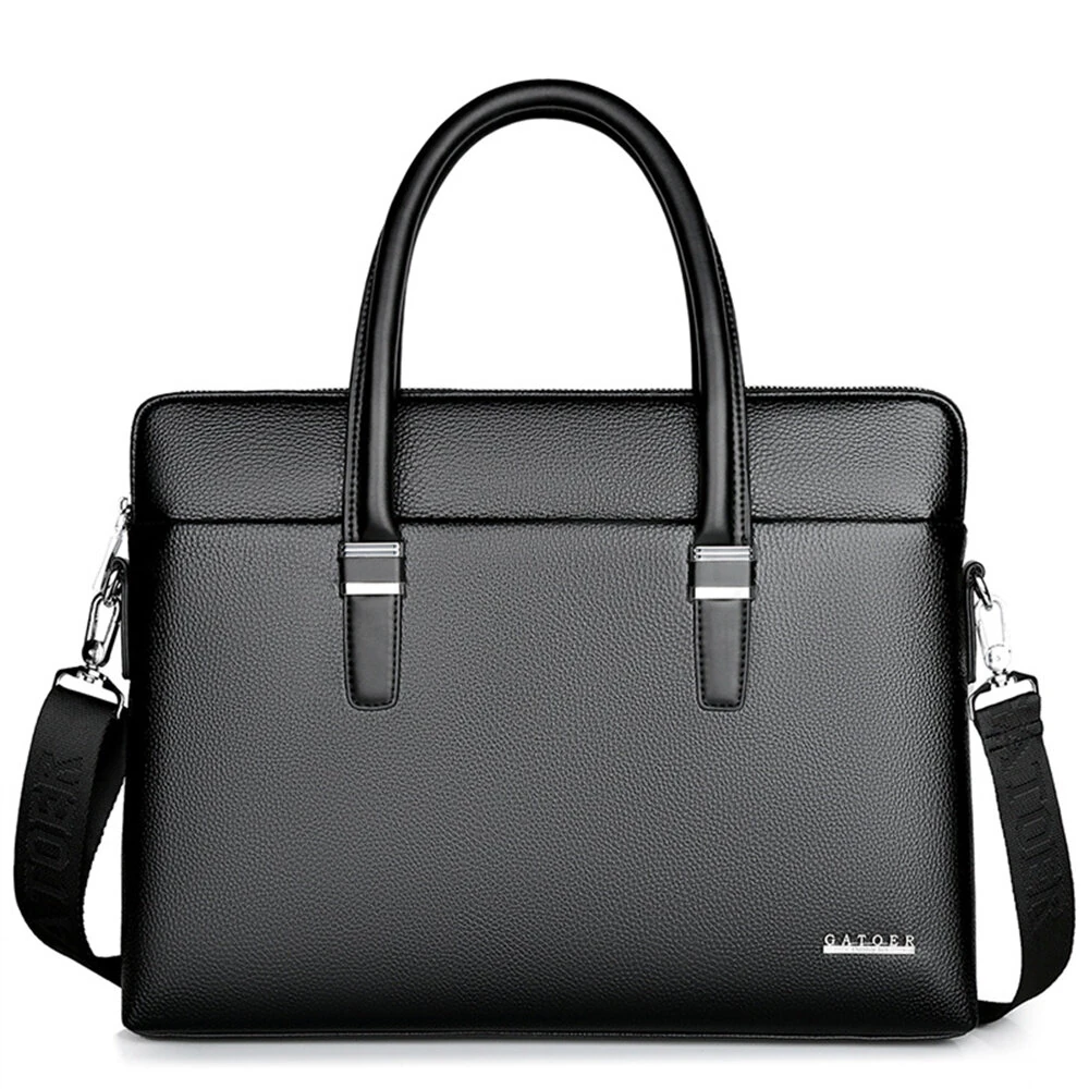 Men's Business Leather Briefcase Solid Simple Fashion 14'' Laptop Handbag Waterproof Large Capacity Shoulder Crossbody Bag
