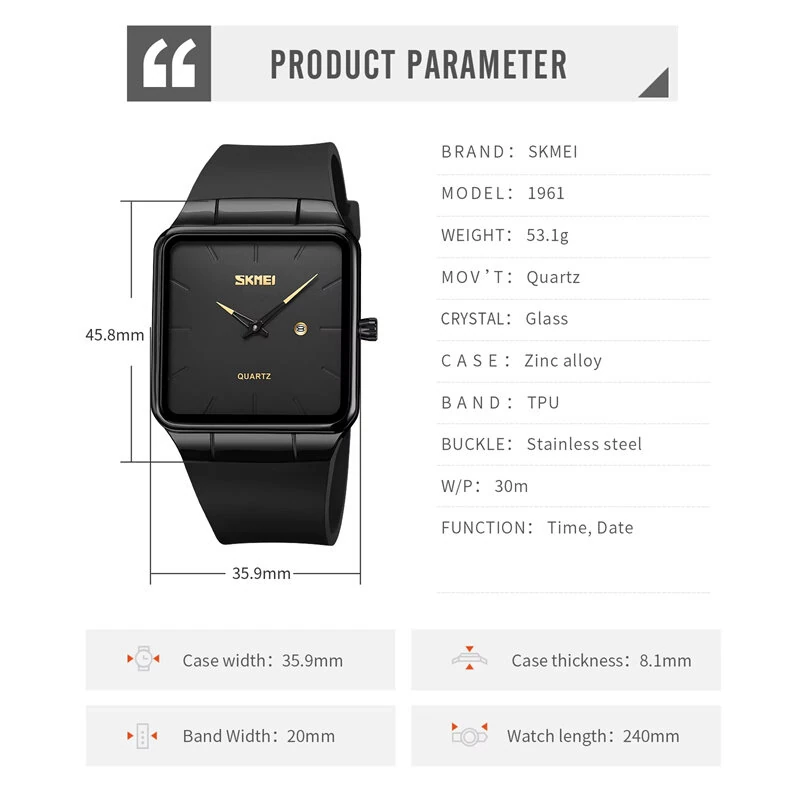 SKMEI Fashion Square Men Watch Simple Quartz Watch Waterproof Electronic Watch Casual Sport Wristwatches