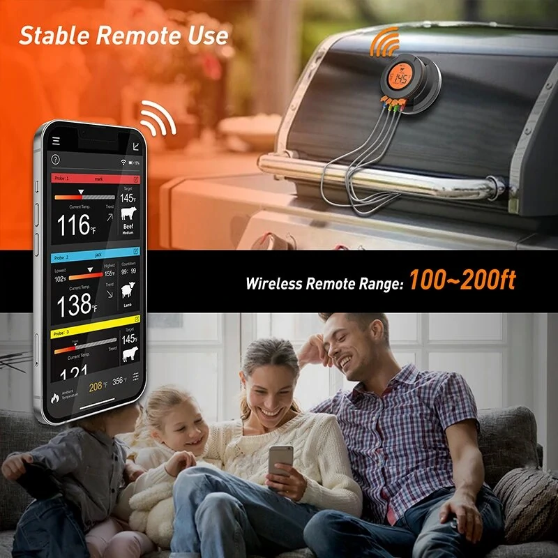 Smart Digital Bluetooth Food Cooking Waterproof IP54 Bluetooth Wireless BBQ Remote Thermometer Probes Barbecue Thermometer Free App Control Time Alarm