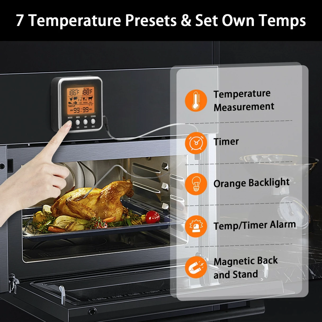 AGSIVO Digital Food Oven Meat Thermometer With Probe Timer Alert Backlight Outdoor Grill Cook Barbecue Kitchen Cooking BBQ Thermometer