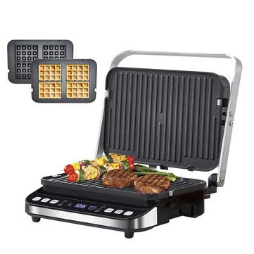 BioloMix 2000W 6 in 1 Electric BBQ Grill with Digital Controls Reversible Plates Nonstick Surface Digital Griddle Panini Press Waffle Maker