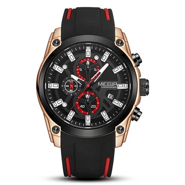 MEGIR Men Chronograph Quartz Watch with Date Luminous Hands, Sport Wristwatch Silicone Strap Waterproof Watch