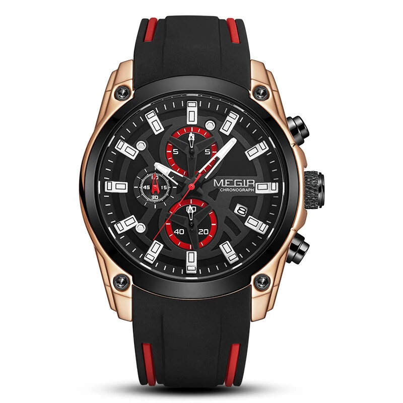 MEGIR Men Chronograph Quartz Watch with Date Luminous Hands, Sport Wristwatch Silicone Strap Waterproof Watch