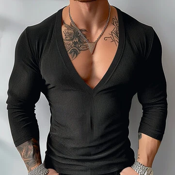 INCERUN Mens Striped Long Sleeve T-Shirt Knitted Solid Color Fashion Big V-neck Tshirt for Male S-5XL
