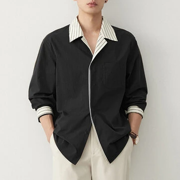 INCERUN Mens Color Block Striped Long Sleeve Shirt Loose Fit Lapel Top Casual Male Clothing S-5XL