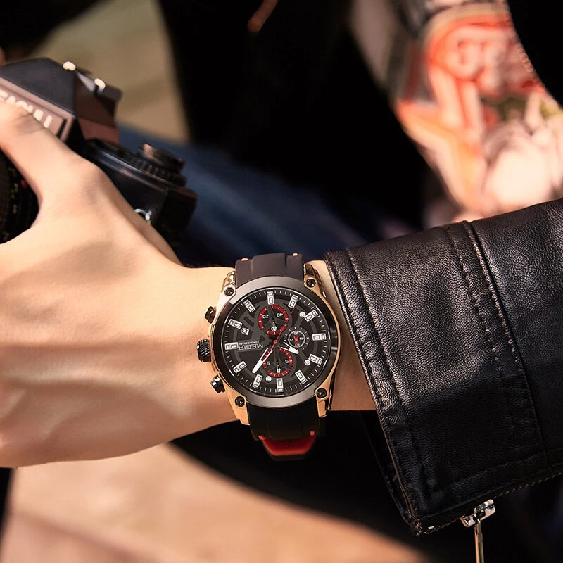 MEGIR Men Chronograph Quartz Watch with Date Luminous Hands, Sport Wristwatch Silicone Strap Waterproof Watch