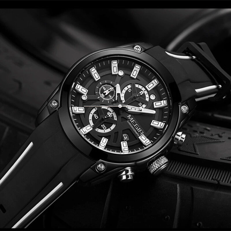 MEGIR Men Chronograph Quartz Watch with Date Luminous Hands, Sport Wristwatch Silicone Strap Waterproof Watch