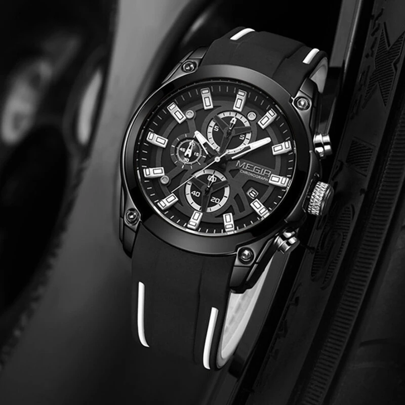 MEGIR Men Chronograph Quartz Watch with Date Luminous Hands, Sport Wristwatch Silicone Strap Waterproof Watch