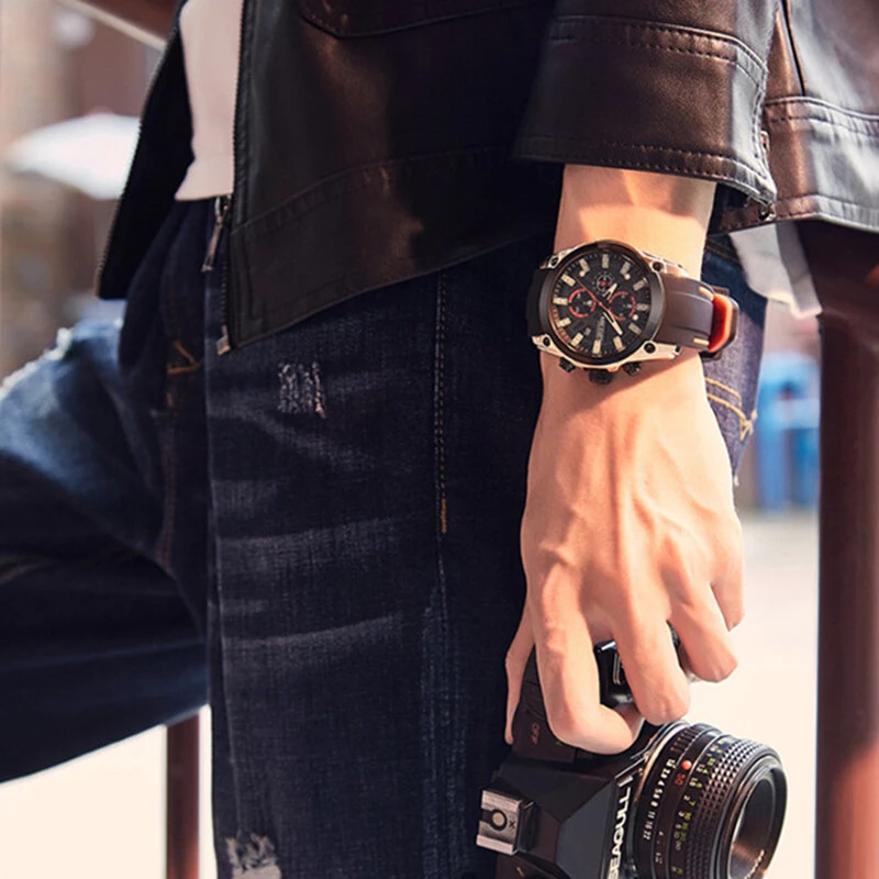 MEGIR Men Chronograph Quartz Watch with Date Luminous Hands, Sport Wristwatch Silicone Strap Waterproof Watch