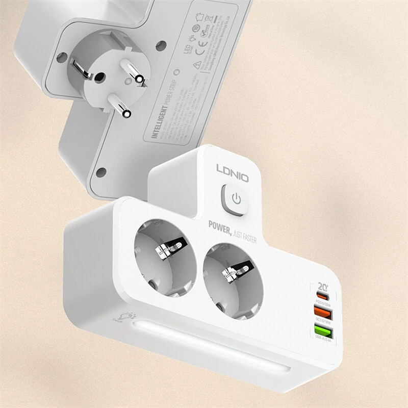 LDNIO SE2337 20W 5-Port USB PD Charger with 2 EU Outputs+2USB-A+USB-C PD QC3.0 Fast Charging Wall Charger Adapter EU Plug for iPhone 15 14 13 for Huawei Mate60 Pro for Xiaomi 14 Pro for MacBook