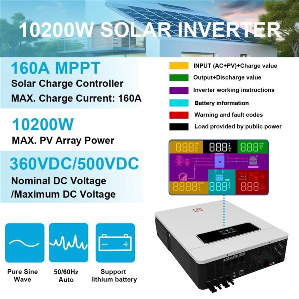 [EU Direct] DAXTROMN POWER 10200W Solar Hybrid Inverter 48Vdc to 230Vac Pure Sine Wave with 2XMPPT 140A 160A Max PV Input 500V, WiFi Module, BMS, Grid-Tie/Off-Grid, 2 AC Outputs, with Charger For Lead-Acid, Lithium Battery, and LifePo4, AGH-10.2KW