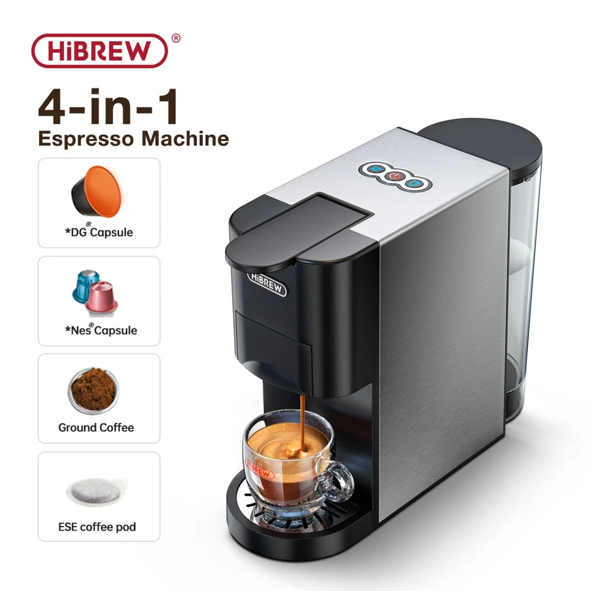 [EU Direct] HiBREW H3A Coffee Machine 4in1 Multiple Capsule Espresso Dolce Milk&Espresso&ESE Pod&Powder Coffee Maker Stainless Metal Outook
