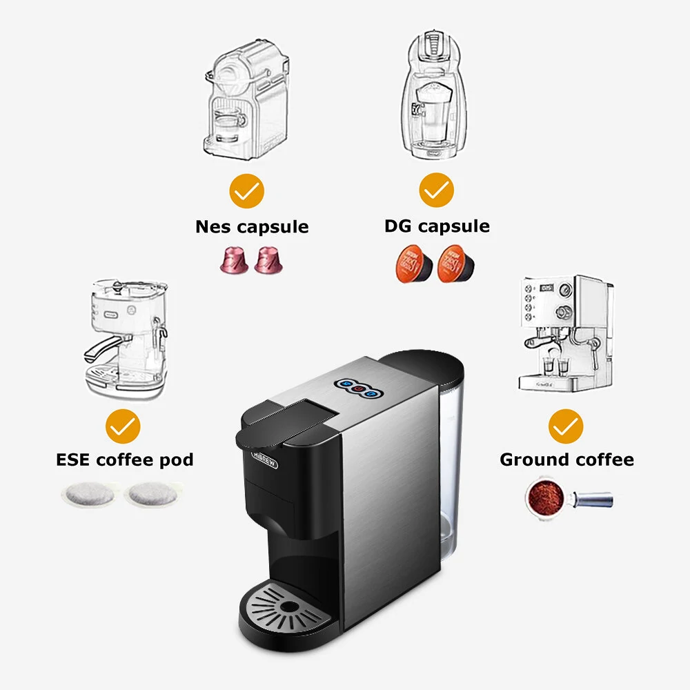 [EU Direct] HiBREW H3A Coffee Machine 4in1 Multiple Capsule Espresso Dolce Milk&Espresso&ESE Pod&Powder Coffee Maker Stainless Metal Outook