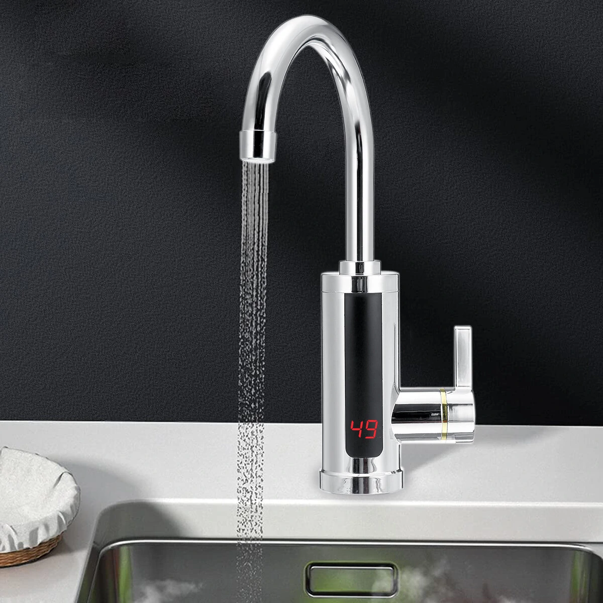 AGSIVO 3000W Instant Electric Water Heater Faucet Tap Tankless LED Digital Display Stainless Steel EU Plug for Kitchen Bathroom
