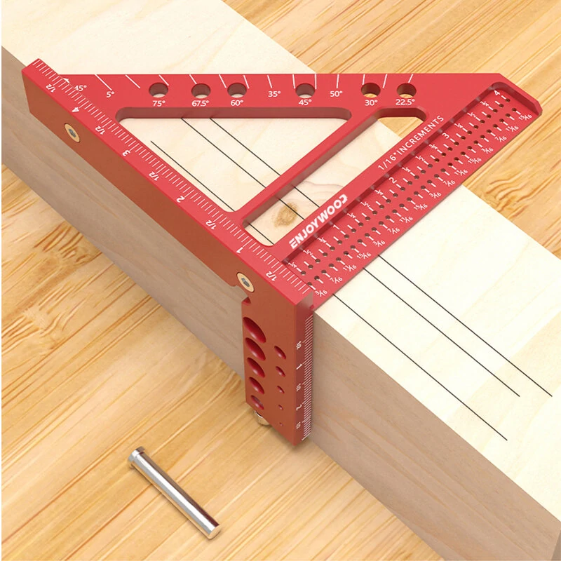 ENJOYWOOD 5 inch 3D Multi-Angle Measuring Ruler Square Ruler 22.5-90 Degree Protractor Protractor Hole Positioning Inch/MM Imperial Metric Durable Aluminum Alloy T-Type Triangle Scriber Tool Ideal for Engineers / Carpenters / Craftsmen